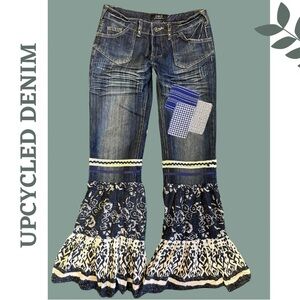 Upcycled Denim Bell Bottom Jeans Patchwork Ribbon Lace Blue Cream White Size 27